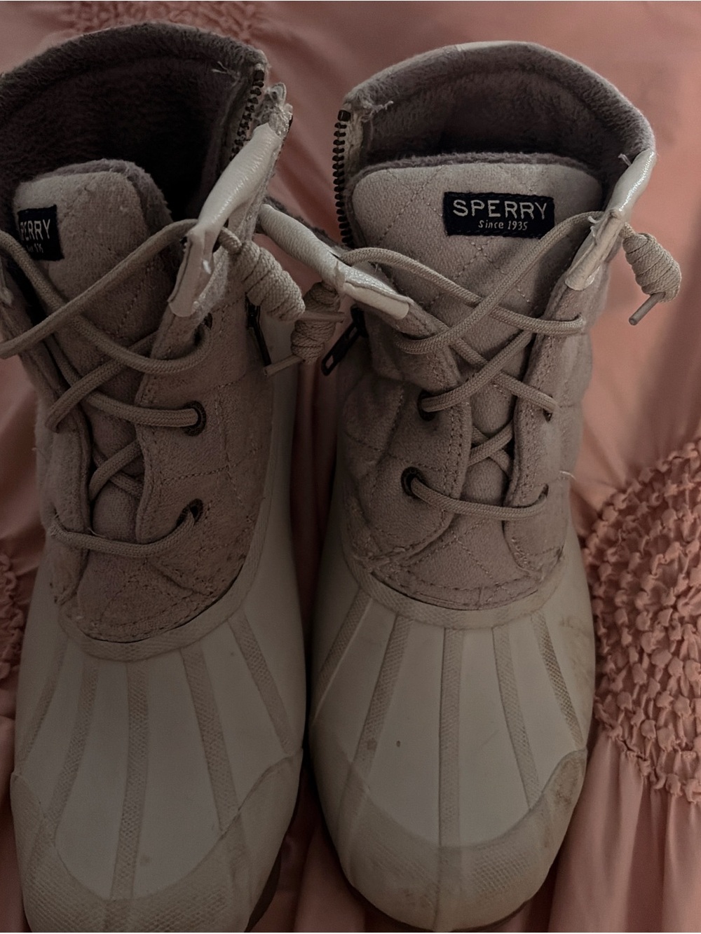Sperry Quilted Lace-Up Duck Boots in Light Taupe